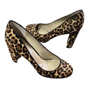 Ann Taylor Leopard Print Calf Hair Leather Chunky Heel Round Toe Pumps